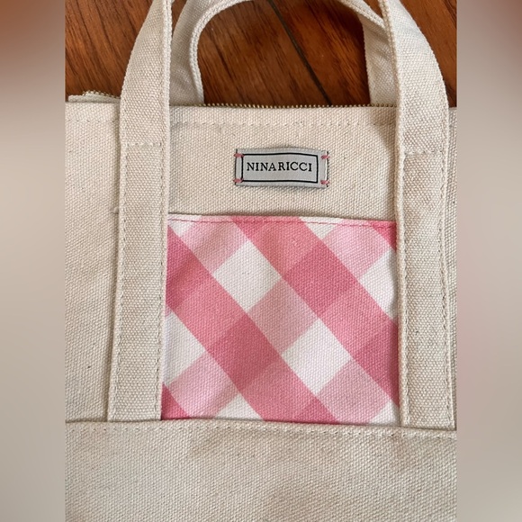 Nina Ricci Small & Dainty Beige and Pink Checkered Tote - Picture 2 of 6